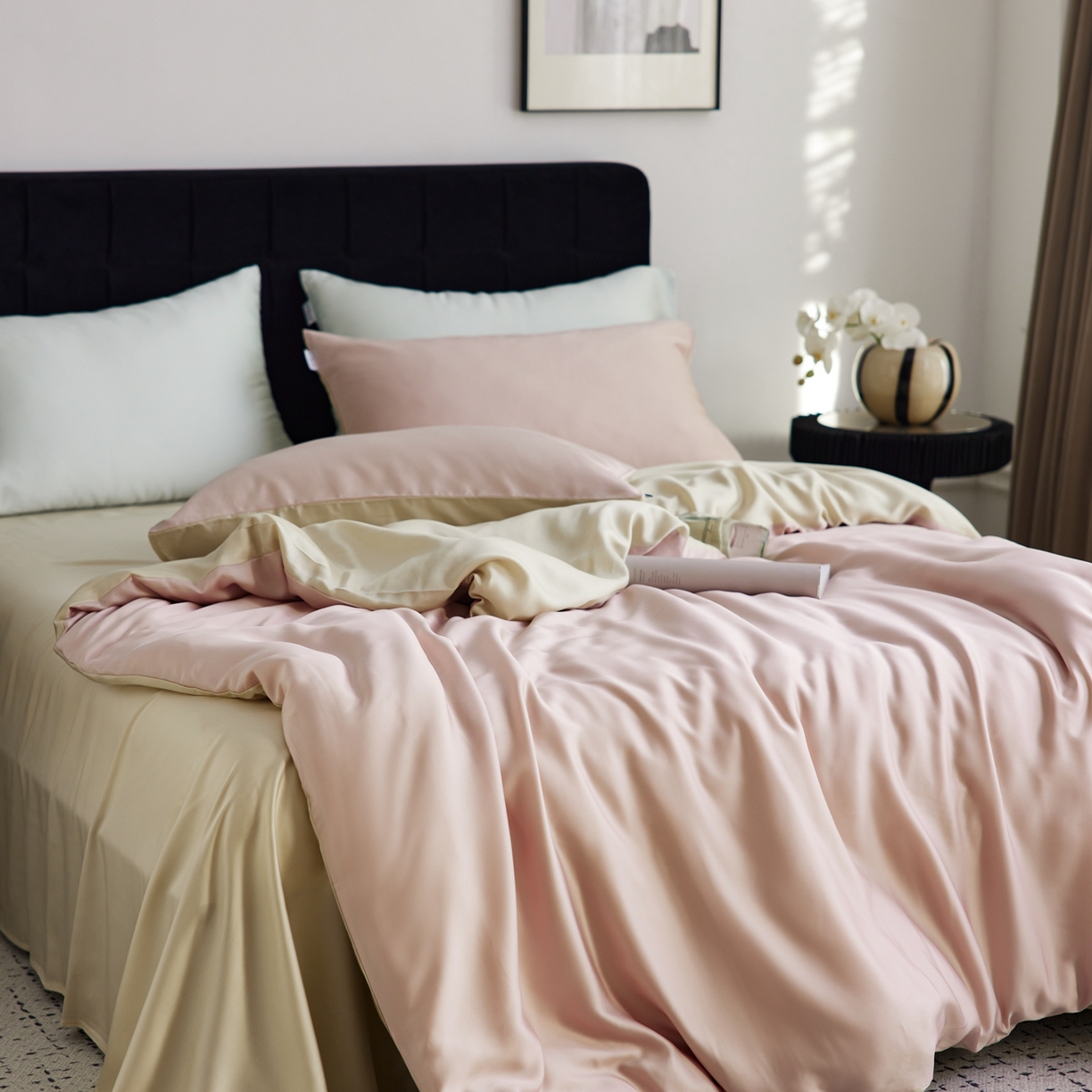 91家纺网 家纺一手货源 找家纺 玉宇阁家居 2026春夏60s兰精天丝拼色四件套 裸粉香槟