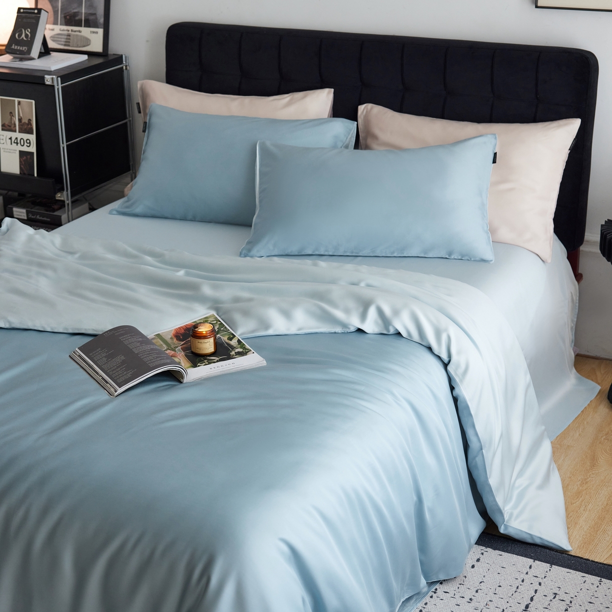 91家纺网 家纺一手货源 找家纺 玉宇阁家居 2026春夏60s兰精天丝拼色四件套 天空-欣蓝