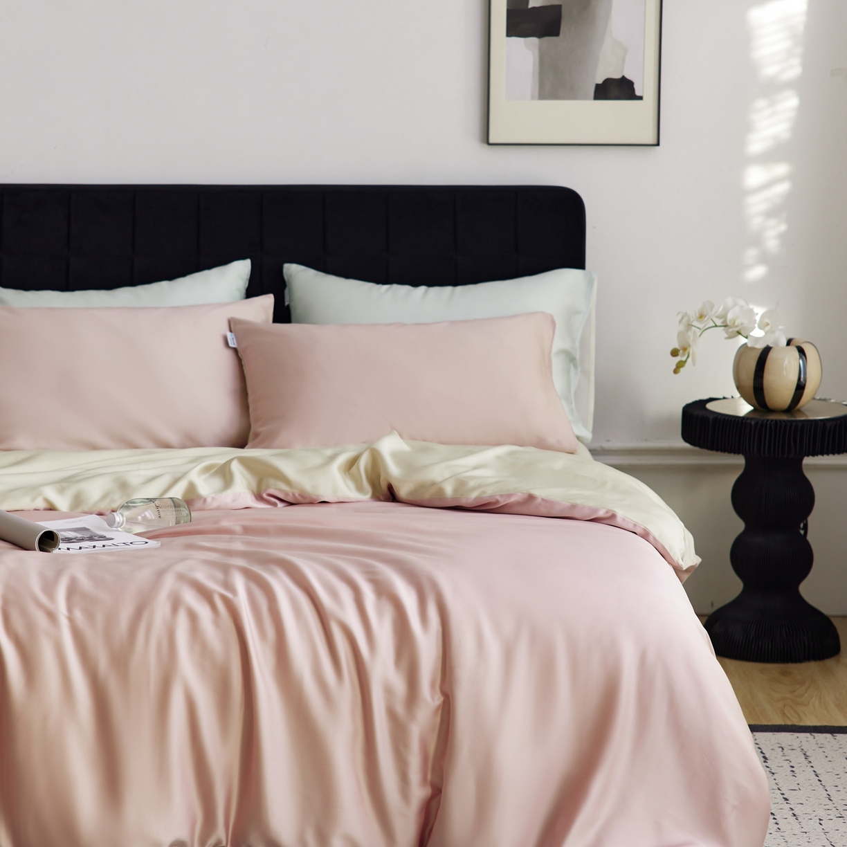 91家纺网 家纺一手货源 找家纺 玉宇阁家居 2026春夏60s兰精天丝拼色四件套 裸粉香槟