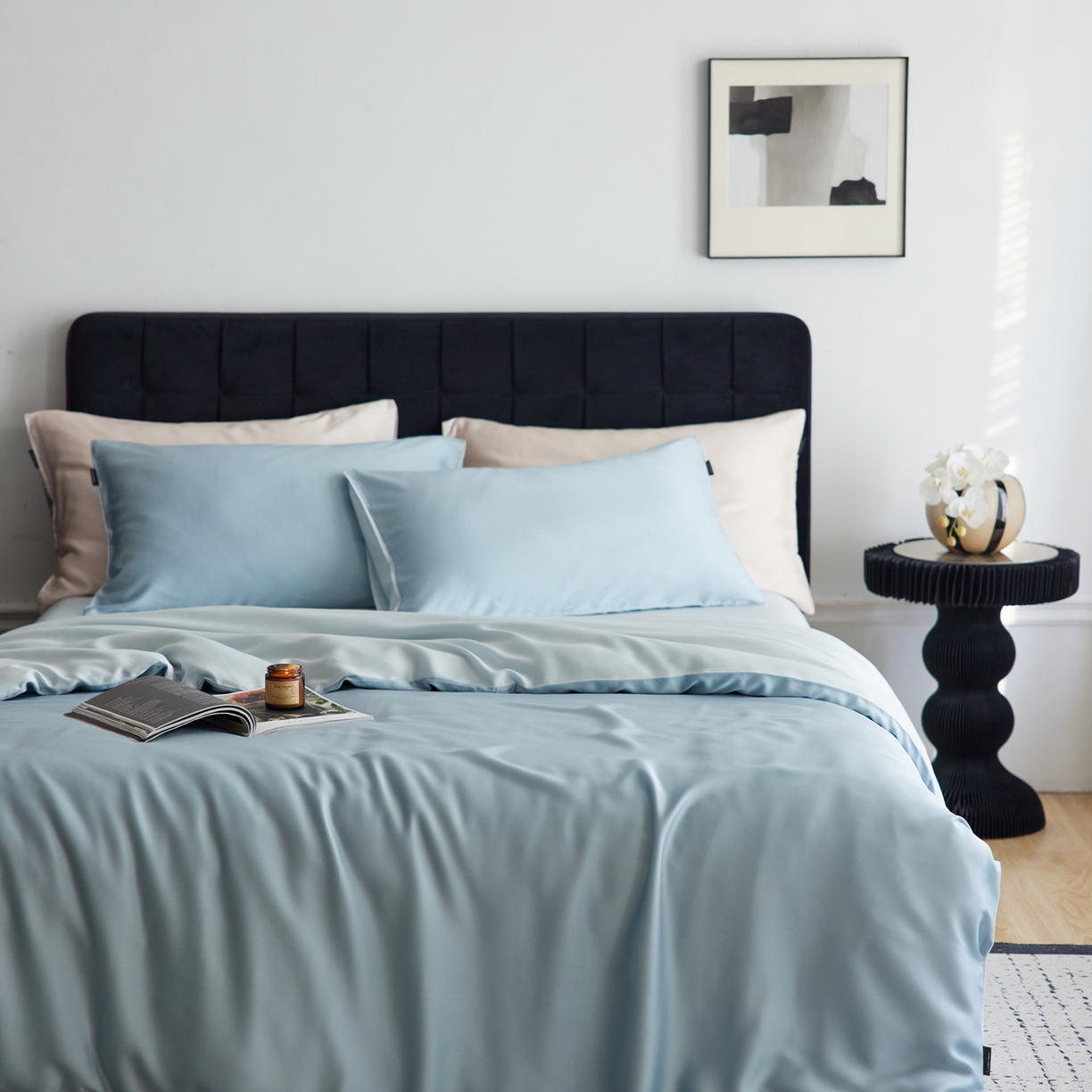 91家纺网 家纺一手货源 找家纺 玉宇阁家居 2026春夏60s兰精天丝拼色四件套 天空-欣蓝