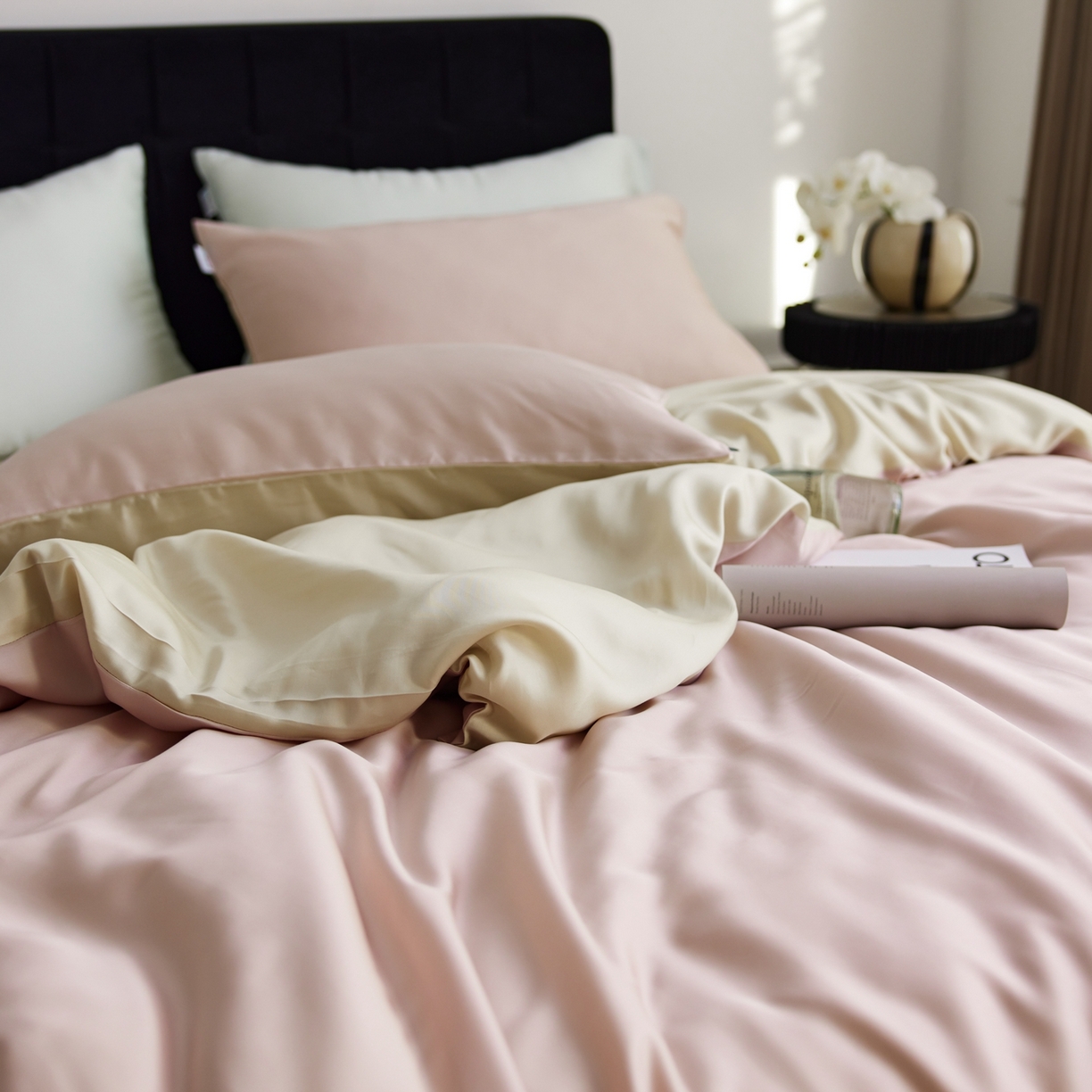 91家纺网 家纺一手货源 找家纺 玉宇阁家居 2026春夏60s兰精天丝拼色四件套 裸粉香槟