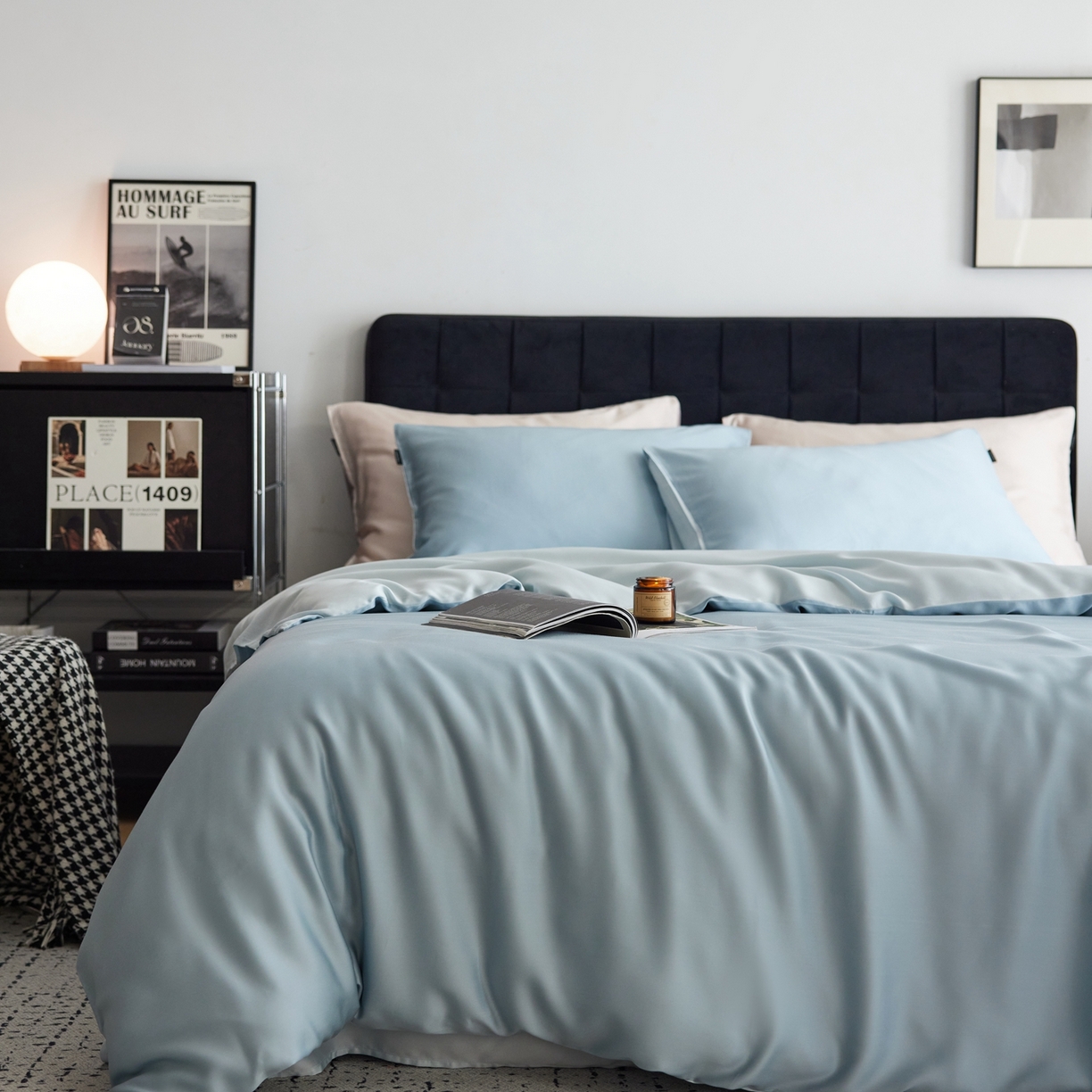 91家纺网 家纺一手货源 找家纺 玉宇阁家居 2026春夏60s兰精天丝拼色四件套 天空-欣蓝