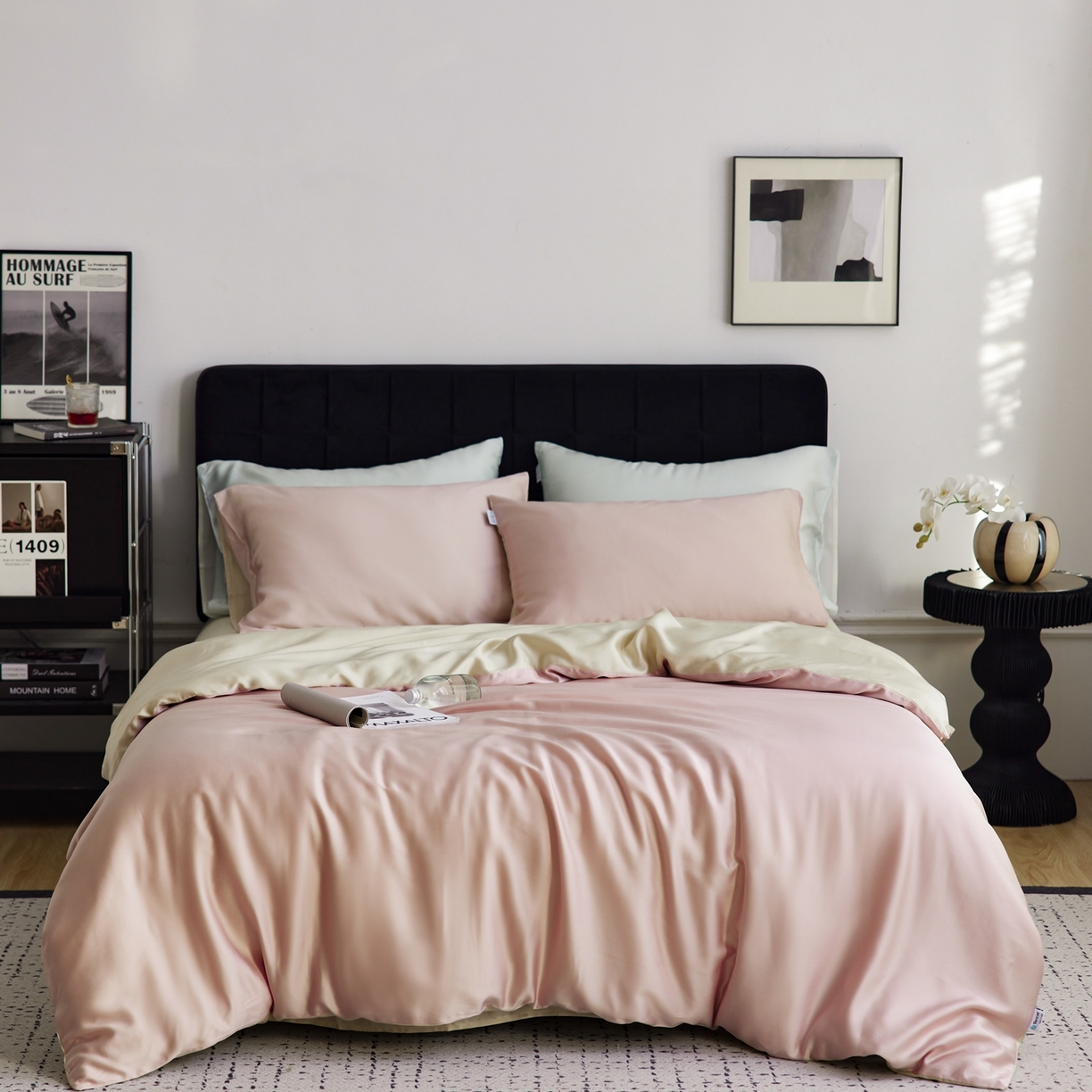 91家纺网 家纺一手货源 找家纺 玉宇阁家居 2026春夏60s兰精天丝拼色四件套 裸粉香槟