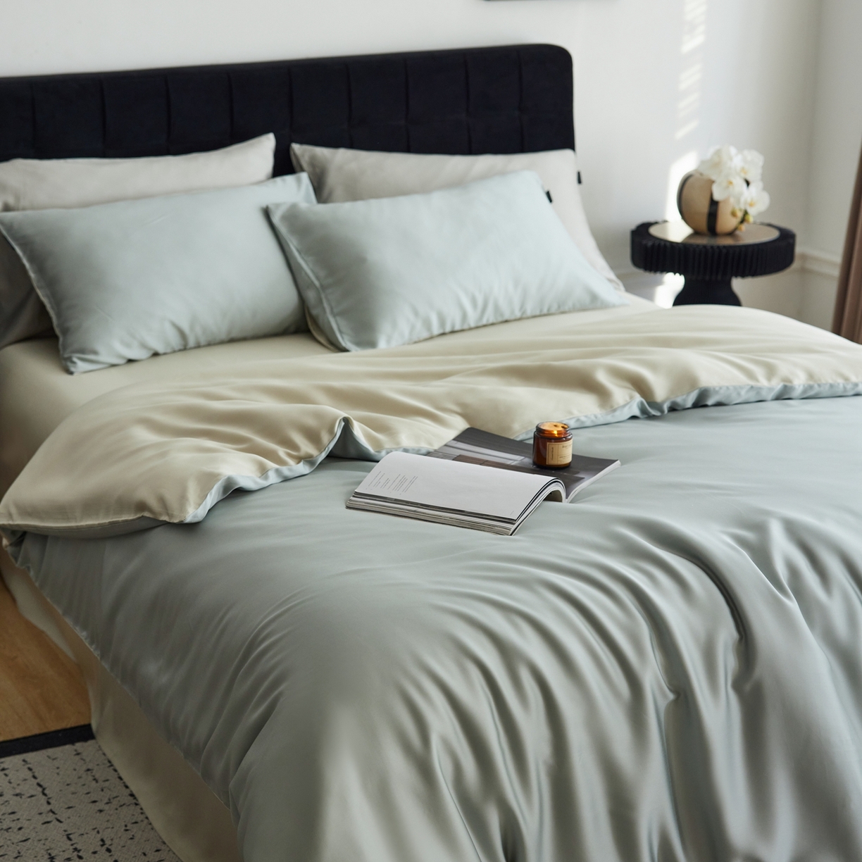 91家纺网 家纺一手货源 找家纺 玉宇阁家居 2026春夏60s兰精天丝拼色四件套 云杉-琥珀