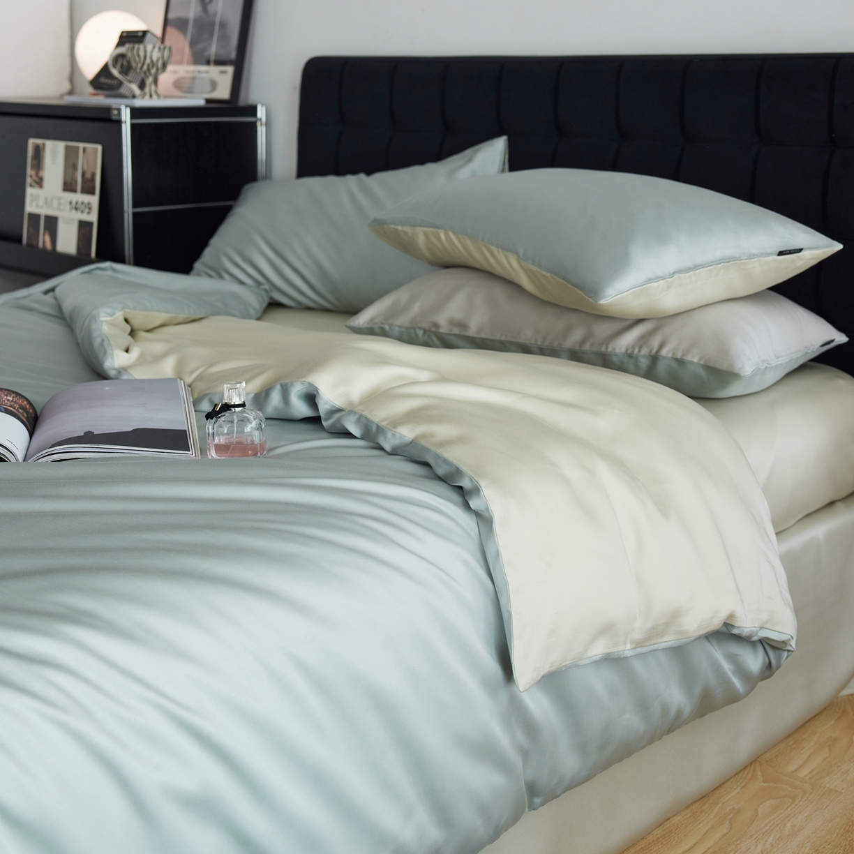 91家纺网 家纺一手货源 找家纺 玉宇阁家居 2026春夏60s兰精天丝拼色四件套 云杉-琥珀