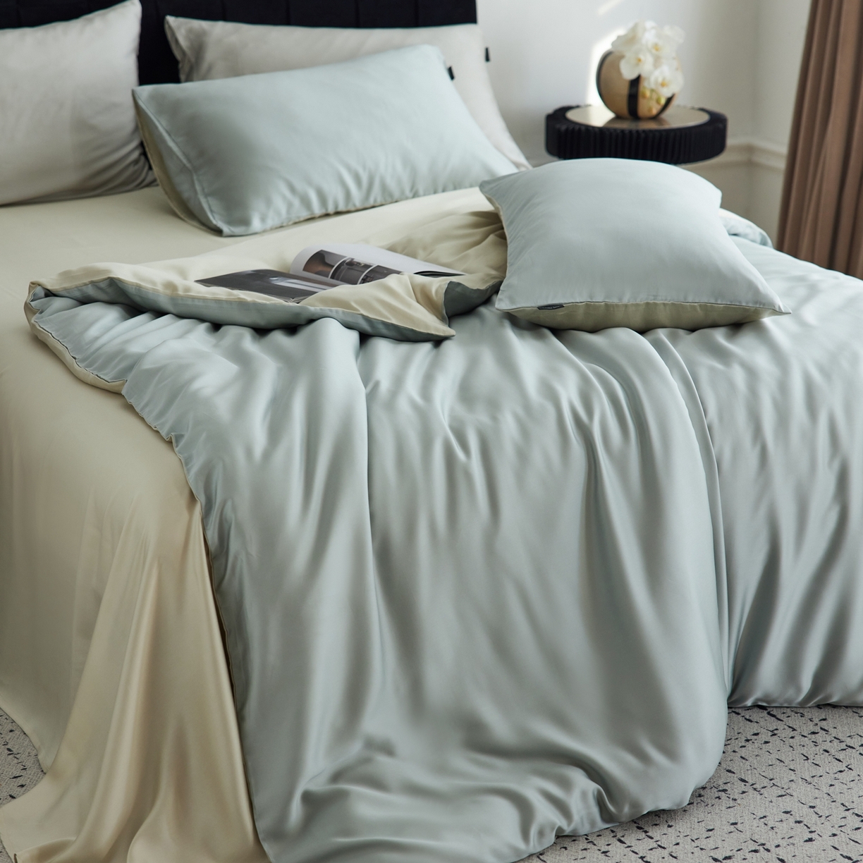 91家纺网 家纺一手货源 找家纺 玉宇阁家居 2026春夏60s兰精天丝拼色四件套 云杉-琥珀