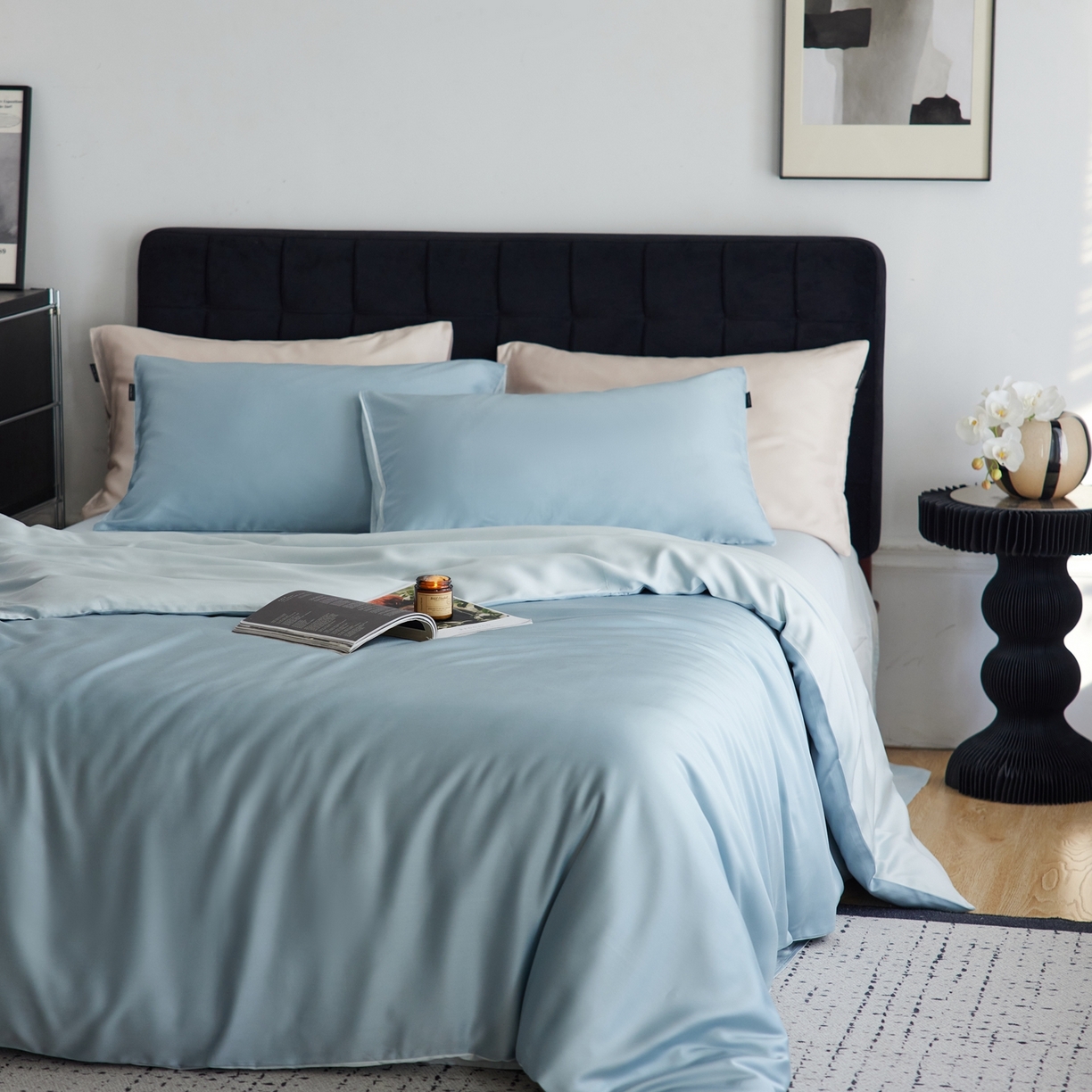 91家纺网 家纺一手货源 找家纺 玉宇阁家居 2026春夏60s兰精天丝拼色四件套 天空-欣蓝