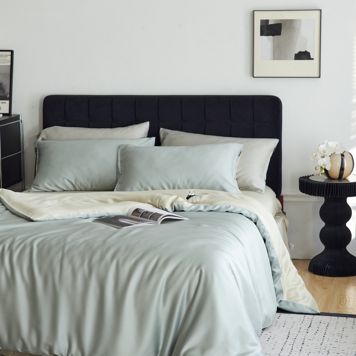 91家纺网 家纺一手货源 找家纺 玉宇阁家居 2026春夏60s兰精天丝拼色四件套 云杉-琥珀