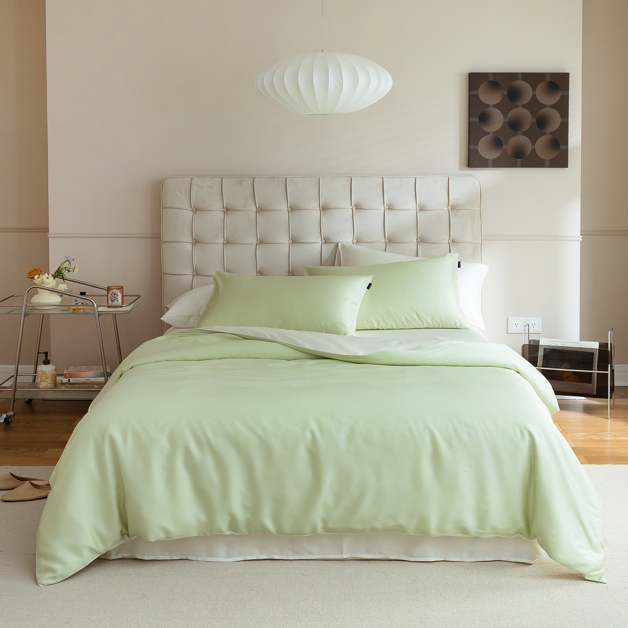 91家纺网 家纺一手货源 找家纺 玉宇阁家居 2026春夏60s兰精天丝拼色四件套 若草乳白