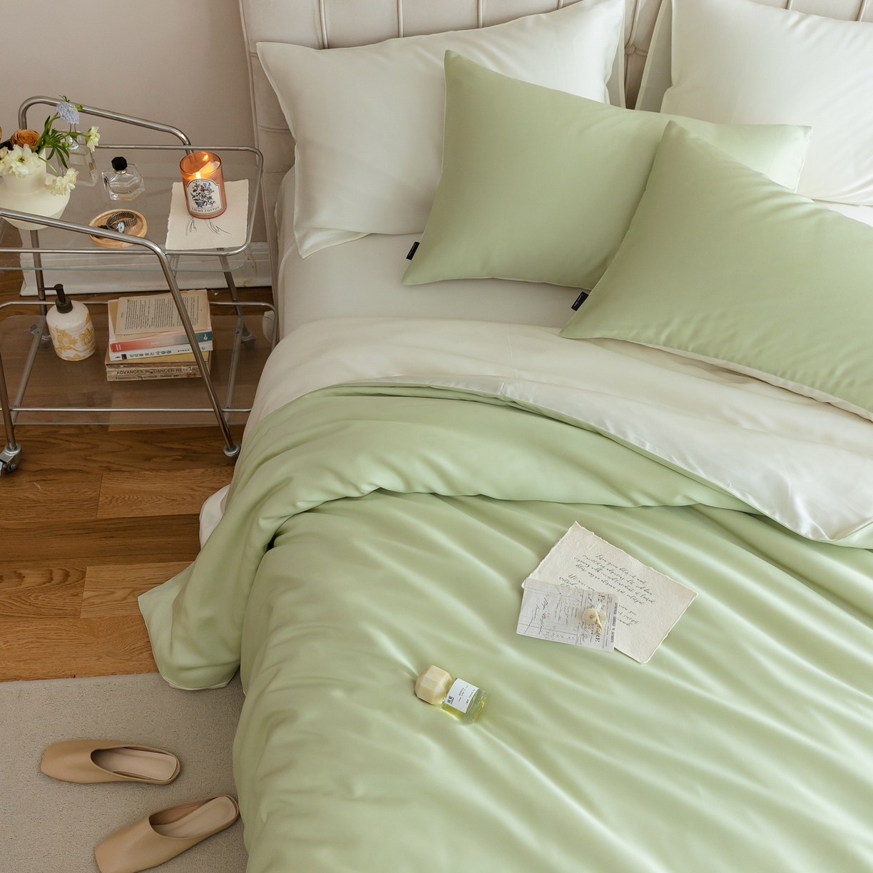 91家纺网 家纺一手货源 找家纺 玉宇阁家居 2026春夏60s兰精天丝拼色四件套 若草乳白