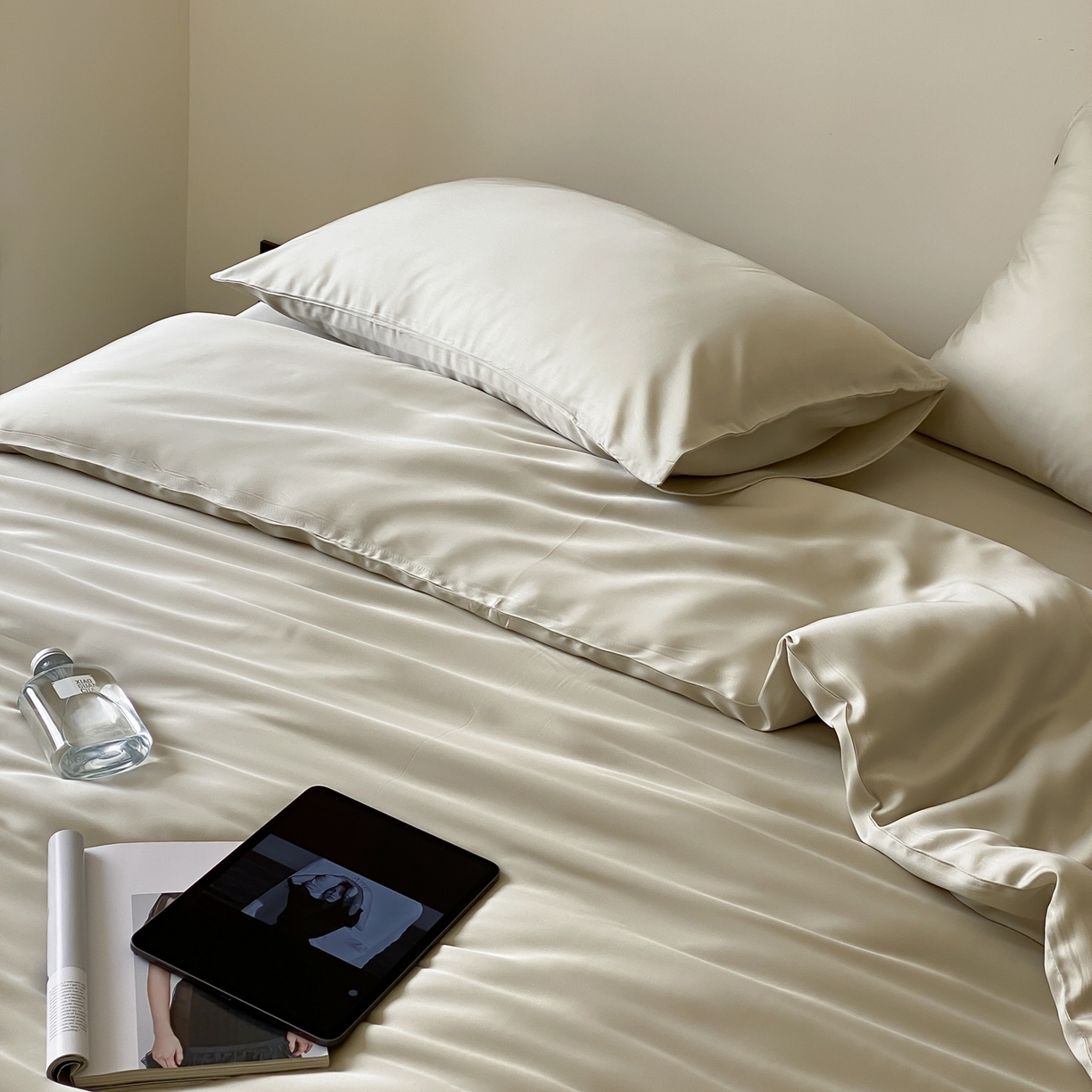 91家纺网 家纺一手货源 找家纺 玉宇阁家居 2026春夏60s兰精天丝拼色四件套 极地白