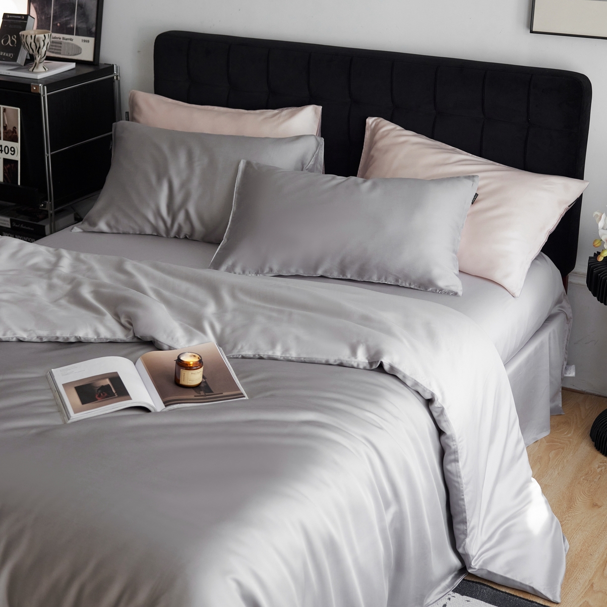 91家纺网 家纺一手货源 找家纺 玉宇阁家居 2026春夏60s兰精天丝拼色四件套 暮云-玄灰