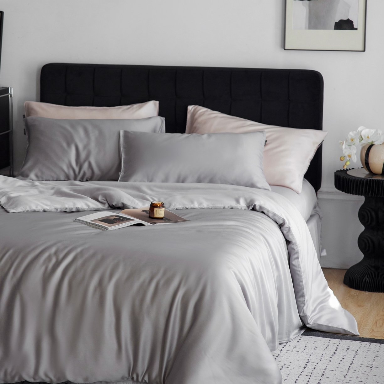 91家纺网 家纺一手货源 找家纺 玉宇阁家居 2026春夏60s兰精天丝拼色四件套 暮云-玄灰