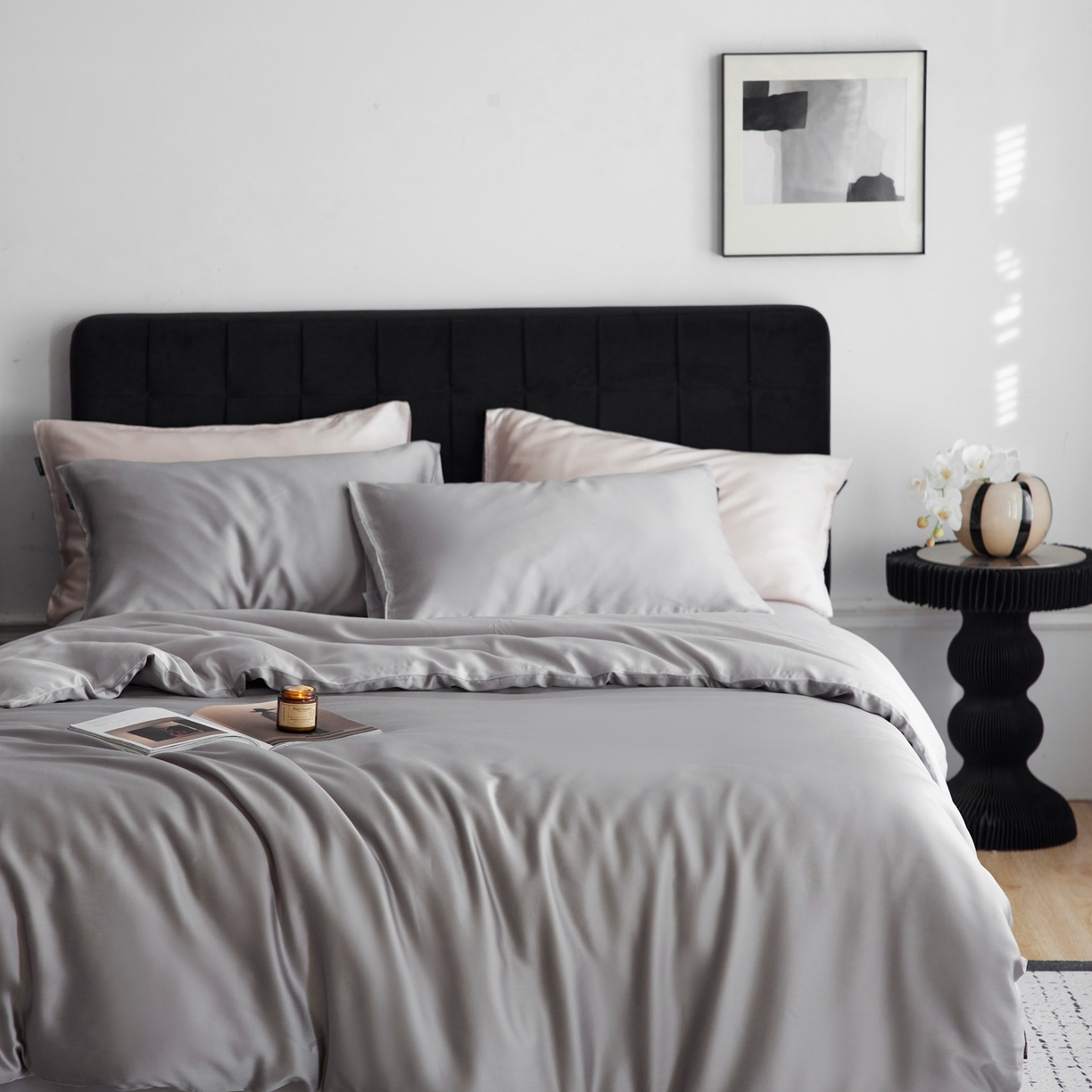 91家纺网 家纺一手货源 找家纺 玉宇阁家居 2026春夏60s兰精天丝拼色四件套 暮云-玄灰