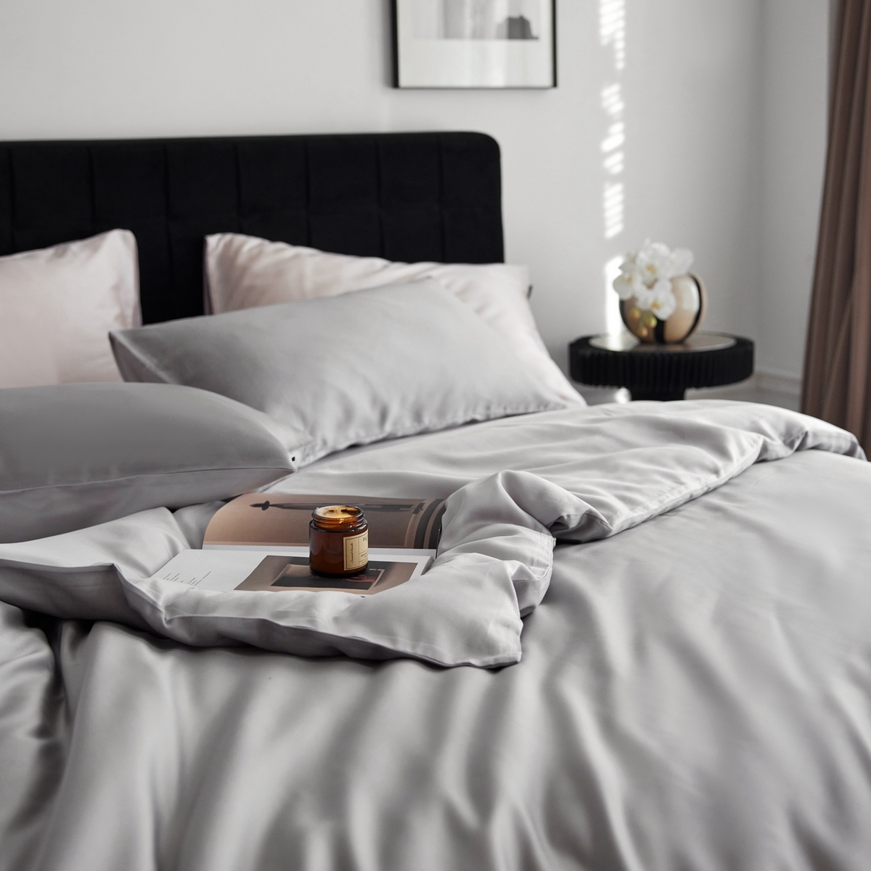 91家纺网 家纺一手货源 找家纺 玉宇阁家居 2026春夏60s兰精天丝拼色四件套 暮云-玄灰