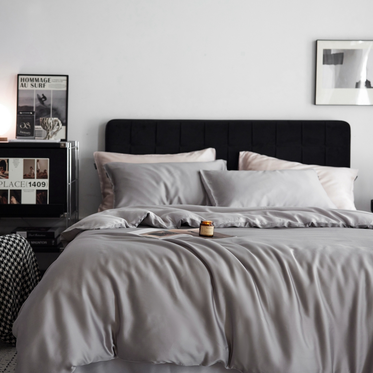 91家纺网 家纺一手货源 找家纺 玉宇阁家居 2026春夏60s兰精天丝拼色四件套 暮云-玄灰