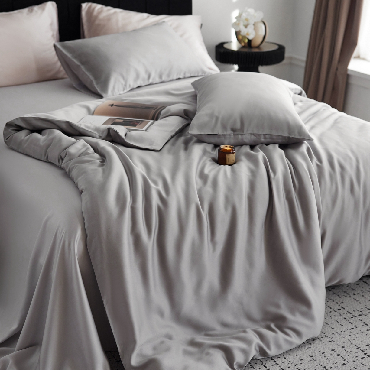 91家纺网 家纺一手货源 找家纺 玉宇阁家居 2026春夏60s兰精天丝拼色四件套 暮云-玄灰