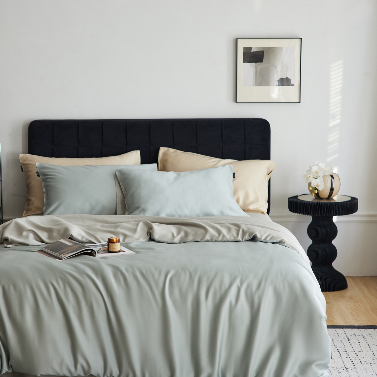 91家纺网 家纺一手货源 找家纺 玉宇阁家居 2026春夏60s兰精天丝拼色四件套 月青-烟灰