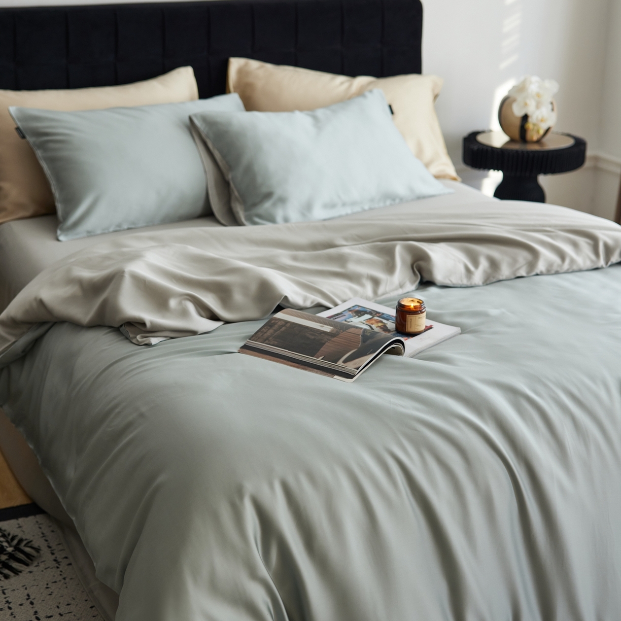 91家纺网 家纺一手货源 找家纺 玉宇阁家居 2026春夏60s兰精天丝拼色四件套 月青-烟灰