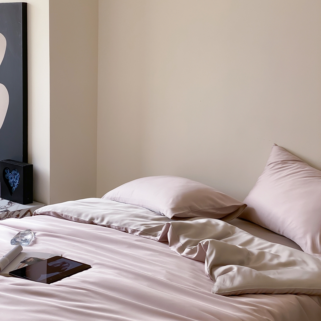 91家纺网 家纺一手货源 找家纺 玉宇阁家居 2026春夏60s兰精天丝拼色四件套 洋气裸粉