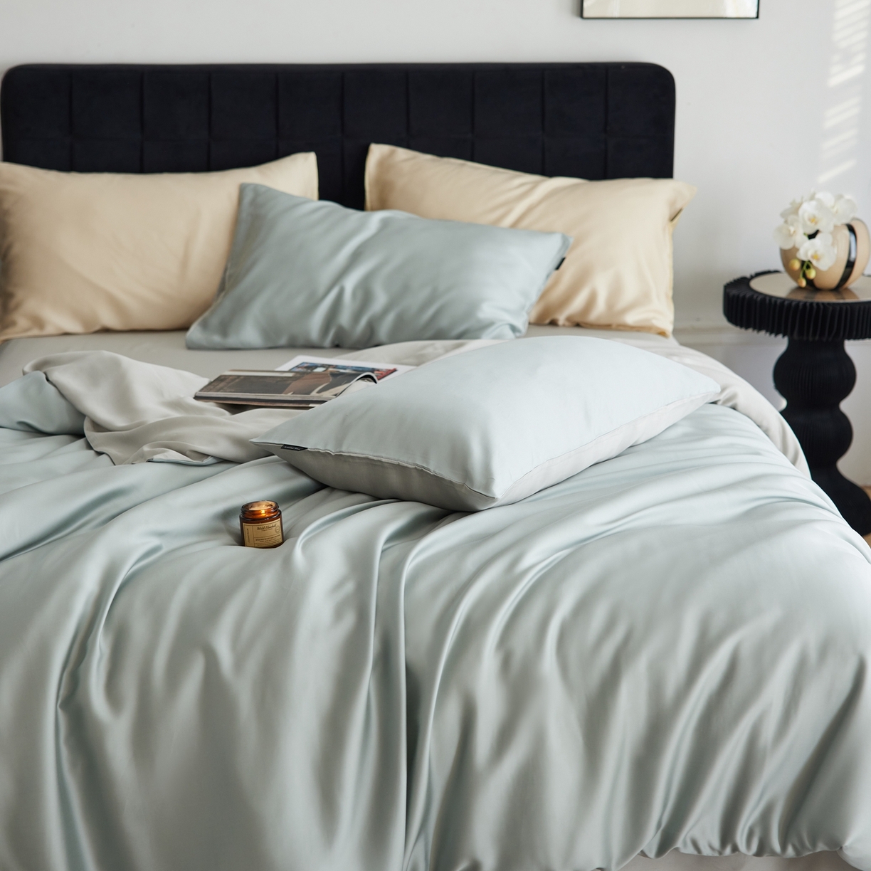 91家纺网 家纺一手货源 找家纺 玉宇阁家居 2026春夏60s兰精天丝拼色四件套 月青-烟灰