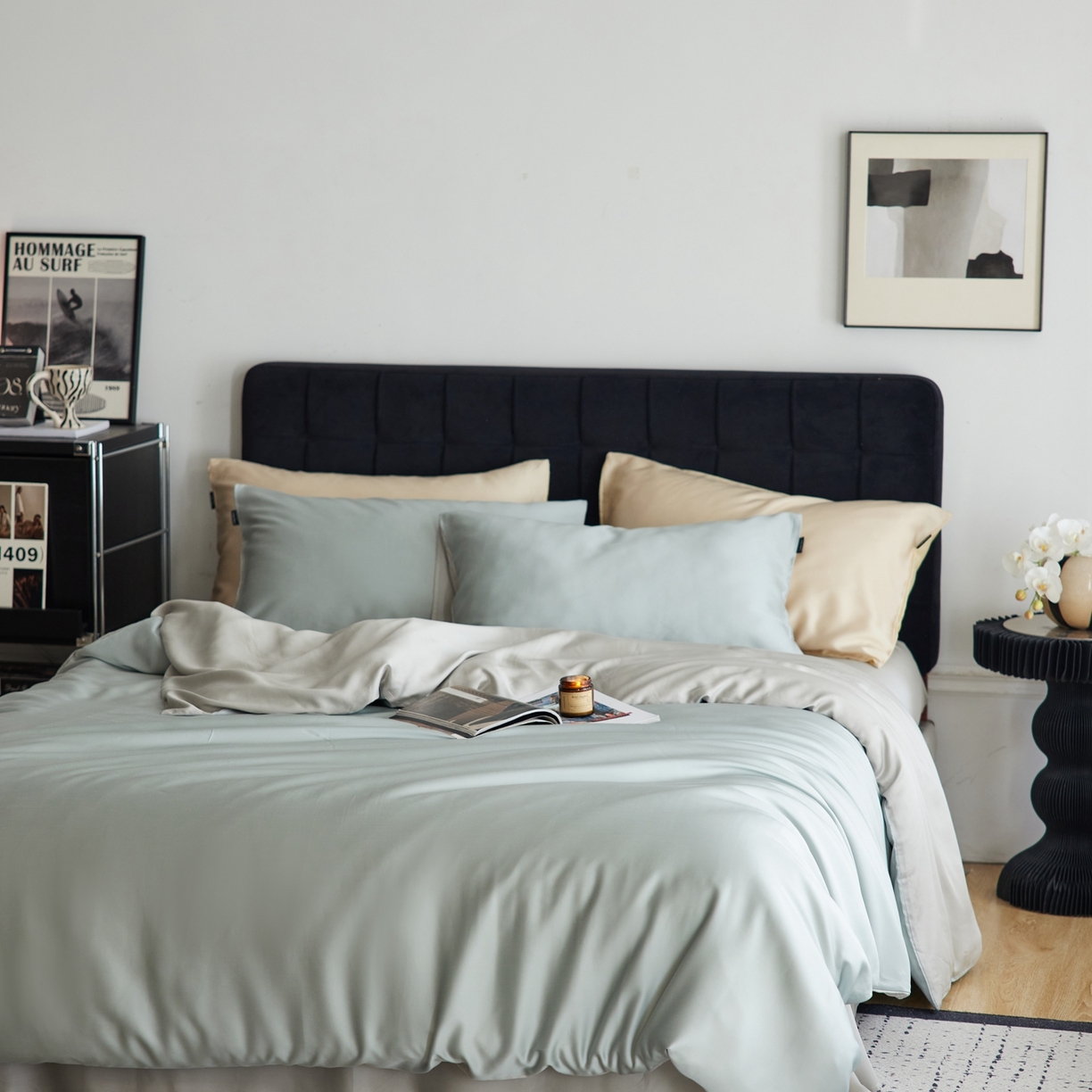 91家纺网 家纺一手货源 找家纺 玉宇阁家居 2026春夏60s兰精天丝拼色四件套 月青-烟灰