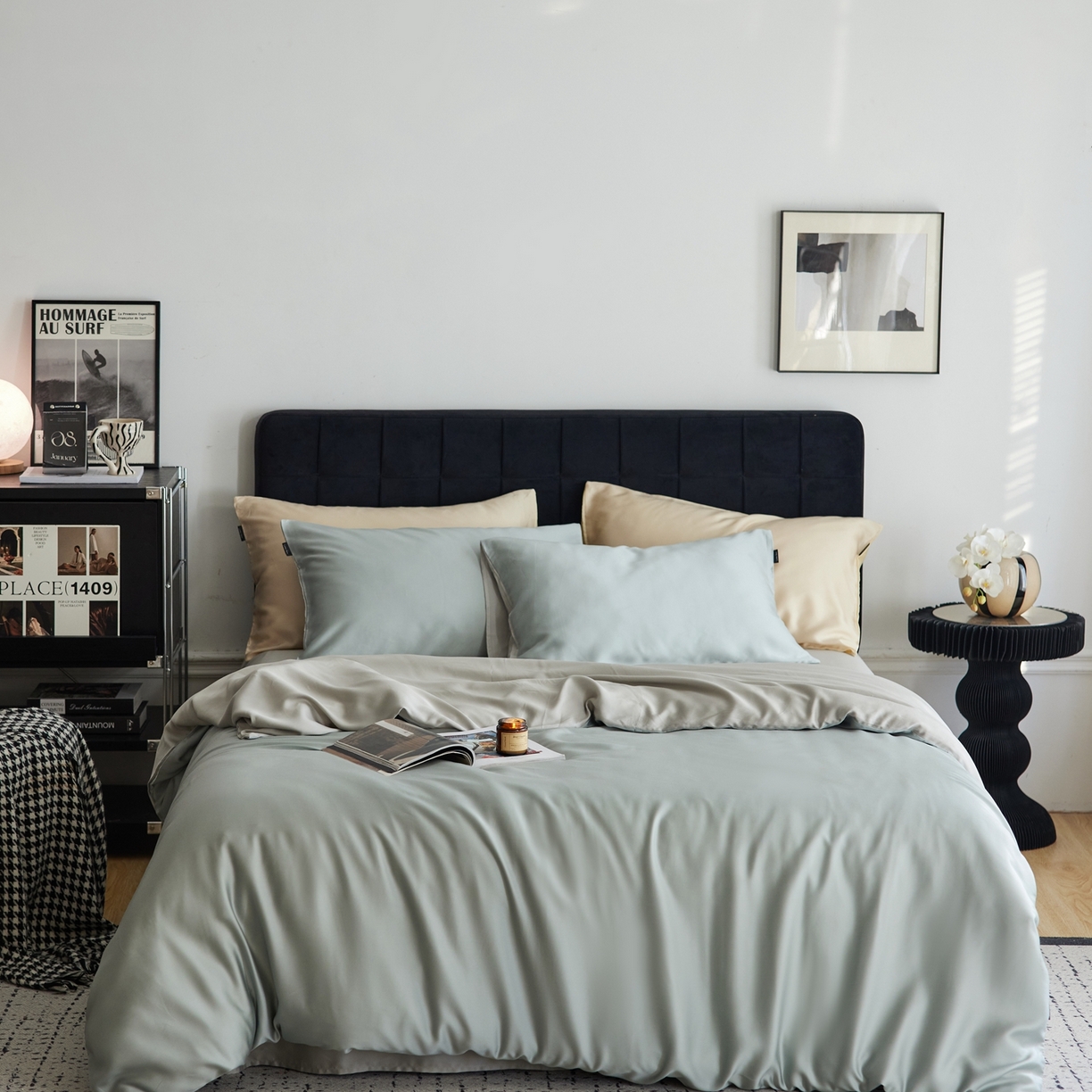 91家纺网 家纺一手货源 找家纺 玉宇阁家居 2026春夏60s兰精天丝拼色四件套 月青-烟灰