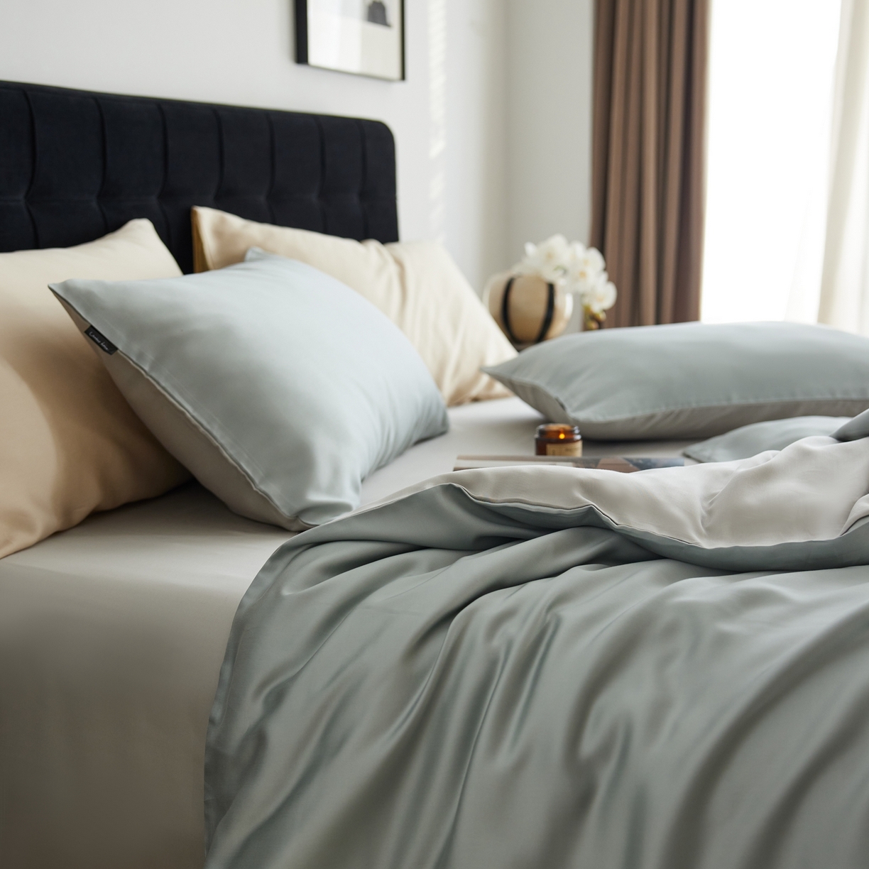 91家纺网 家纺一手货源 找家纺 玉宇阁家居 2026春夏60s兰精天丝拼色四件套 月青-烟灰