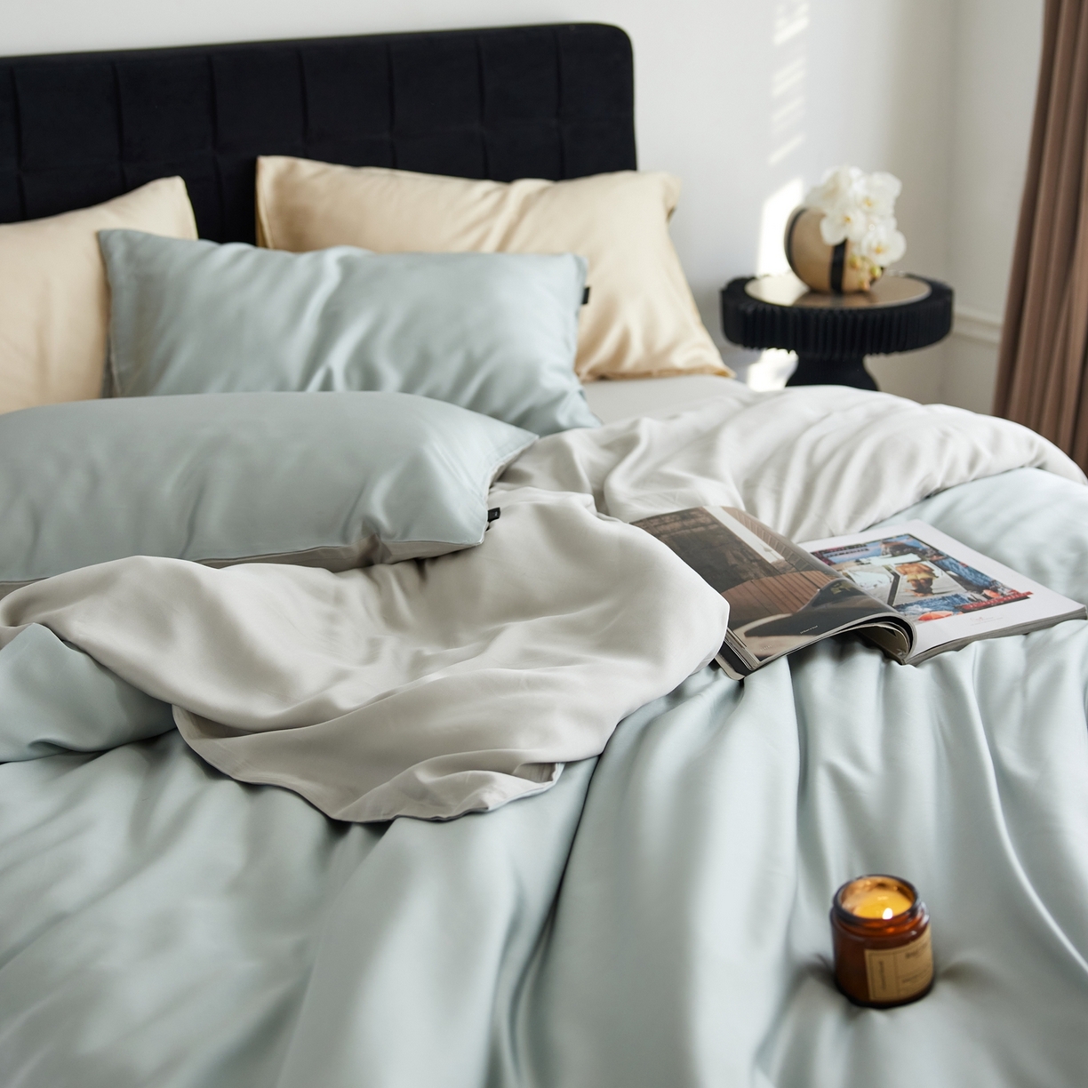 91家纺网 家纺一手货源 找家纺 玉宇阁家居 2026春夏60s兰精天丝拼色四件套 月青-烟灰