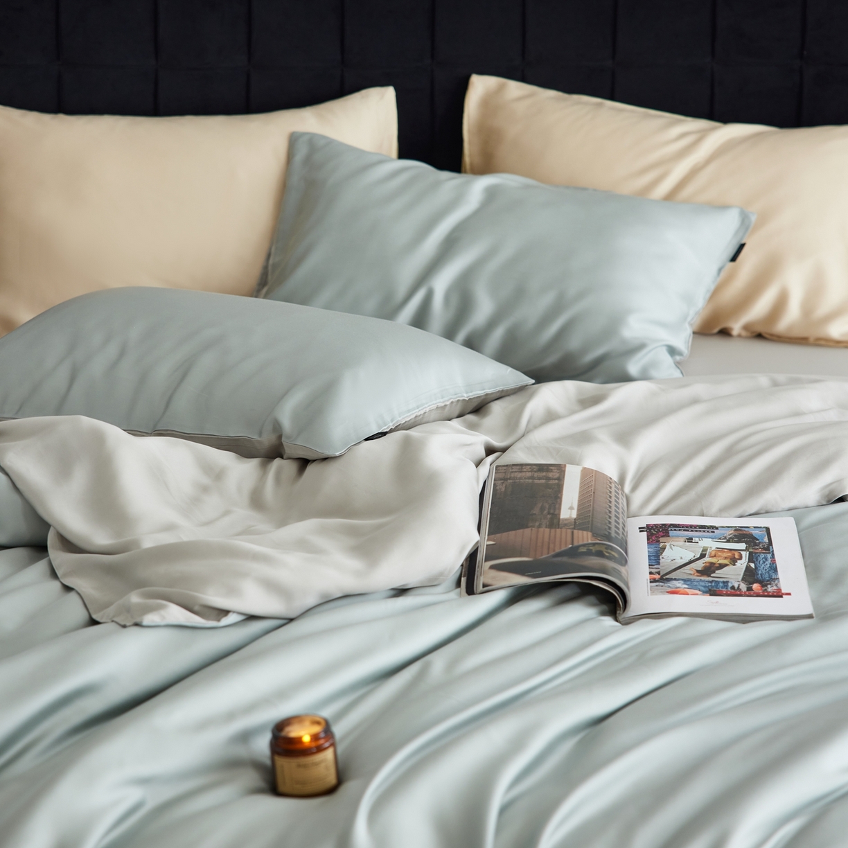 91家纺网 家纺一手货源 找家纺 玉宇阁家居 2026春夏60s兰精天丝拼色四件套 月青-烟灰