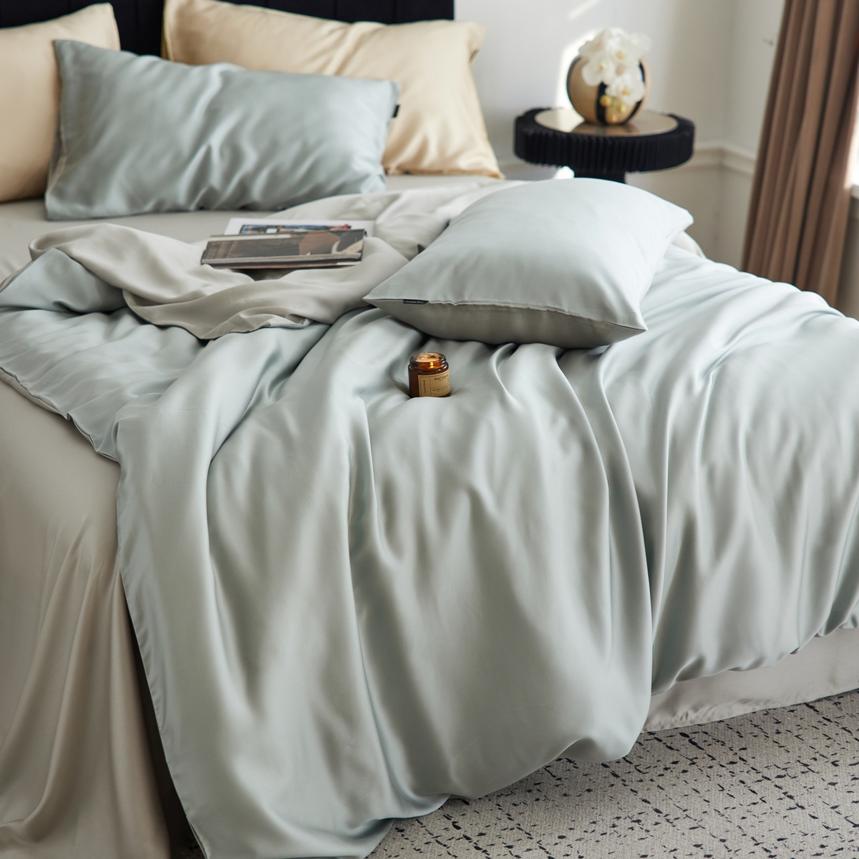 91家纺网 家纺一手货源 找家纺 玉宇阁家居 2026春夏60s兰精天丝拼色四件套 月青-烟灰