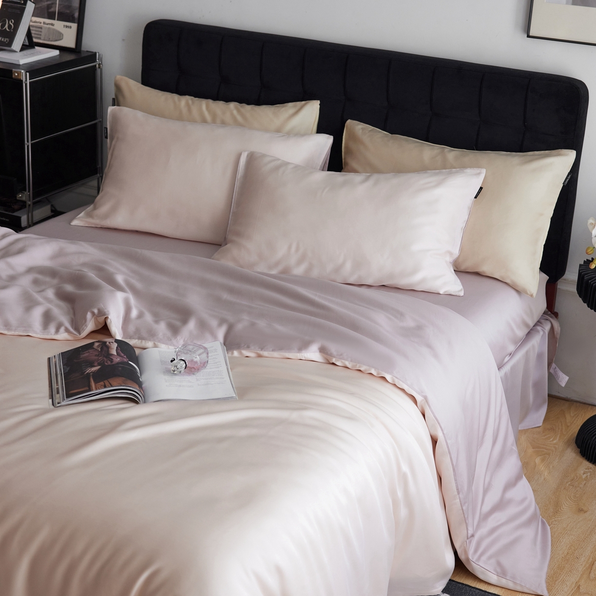 91家纺网 家纺一手货源 找家纺 玉宇阁家居 2026春夏60s兰精天丝拼色四件套 浅杏-星黛紫