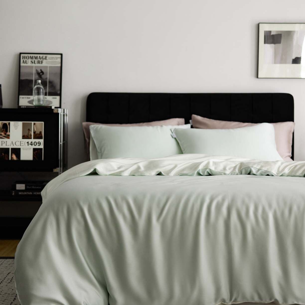 91家纺网 家纺一手货源 找家纺 玉宇阁家居 2026春夏60s兰精天丝拼色四件套 水波柔光