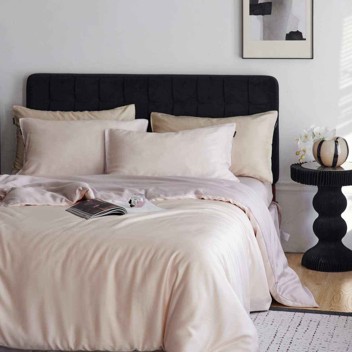 91家纺网 家纺一手货源 找家纺 玉宇阁家居 2026春夏60s兰精天丝拼色四件套 浅杏-星黛紫