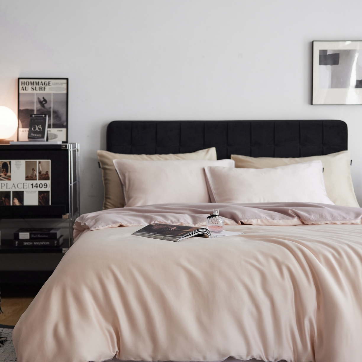 91家纺网 家纺一手货源 找家纺 玉宇阁家居 2026春夏60s兰精天丝拼色四件套 浅杏-星黛紫