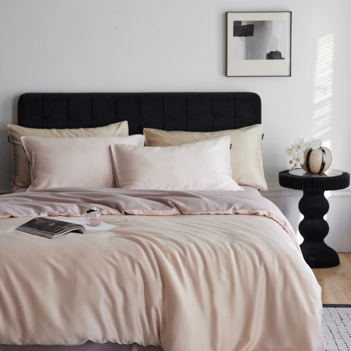 91家纺网 家纺一手货源 找家纺 玉宇阁家居 2026春夏60s兰精天丝拼色四件套 浅杏-星黛紫