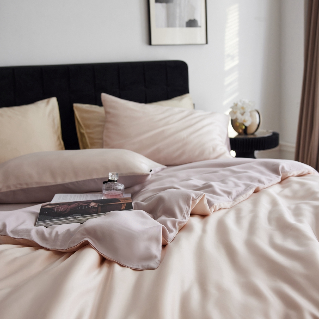 91家纺网 家纺一手货源 找家纺 玉宇阁家居 2026春夏60s兰精天丝拼色四件套 浅杏-星黛紫