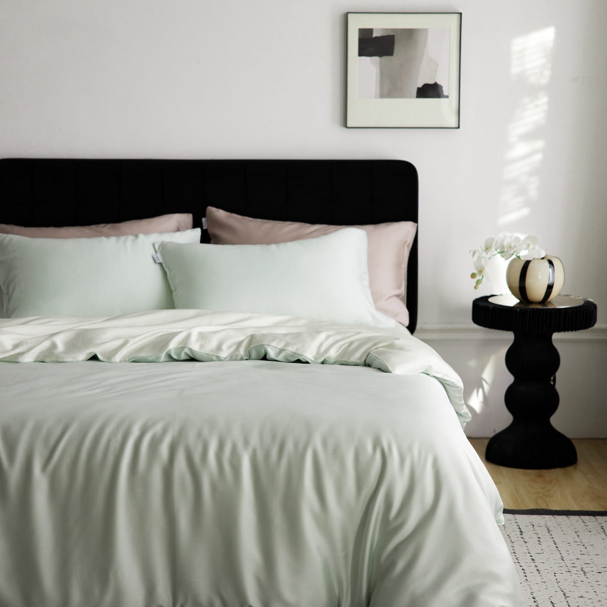 91家纺网 家纺一手货源 找家纺 玉宇阁家居 2026春夏60s兰精天丝拼色四件套 水波柔光