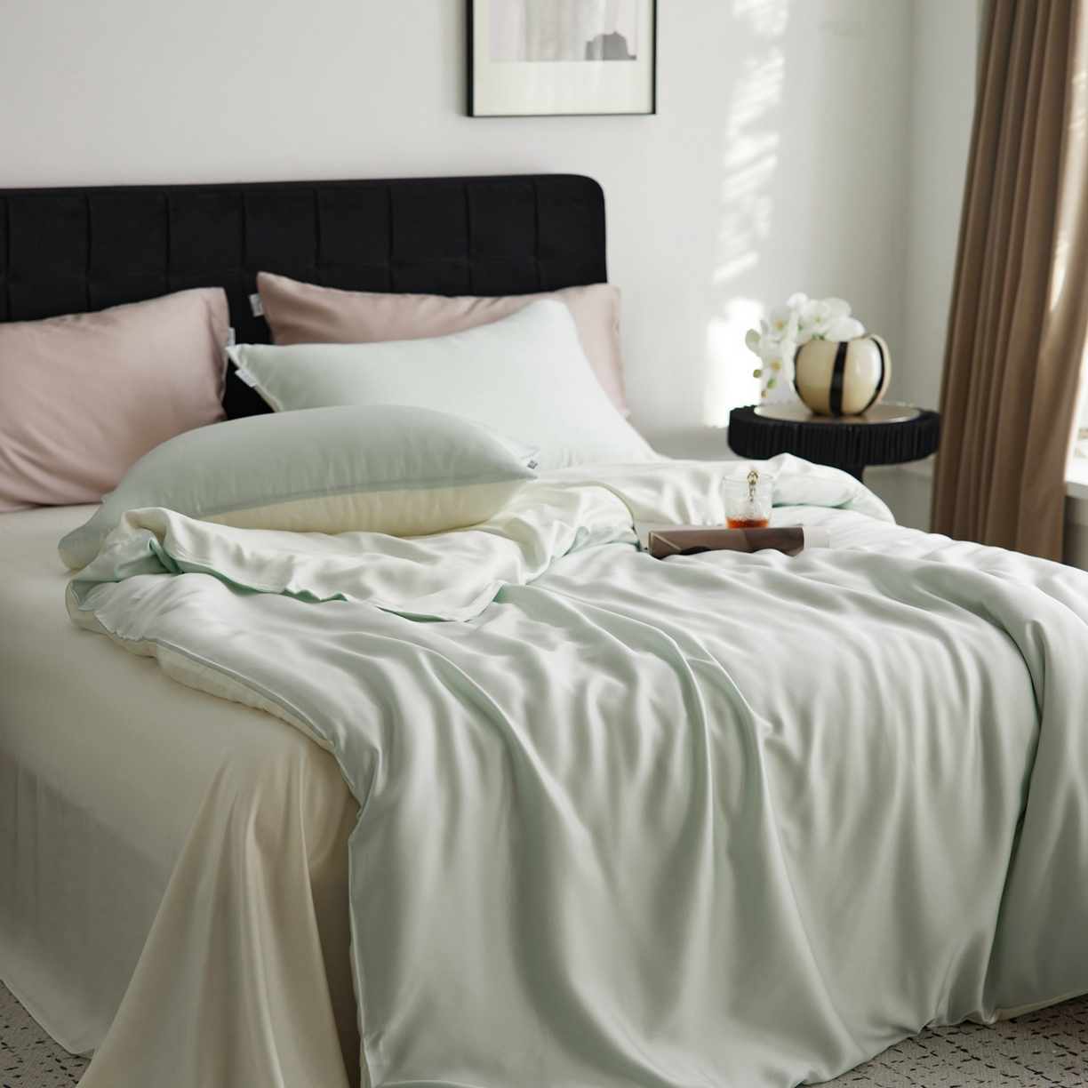 91家纺网 家纺一手货源 找家纺 玉宇阁家居 2026春夏60s兰精天丝拼色四件套 水波柔光