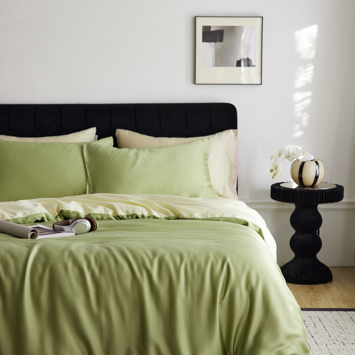 91家纺网 家纺一手货源 找家纺 玉宇阁家居 2026春夏60s兰精天丝拼色四件套 茉莉奶绿