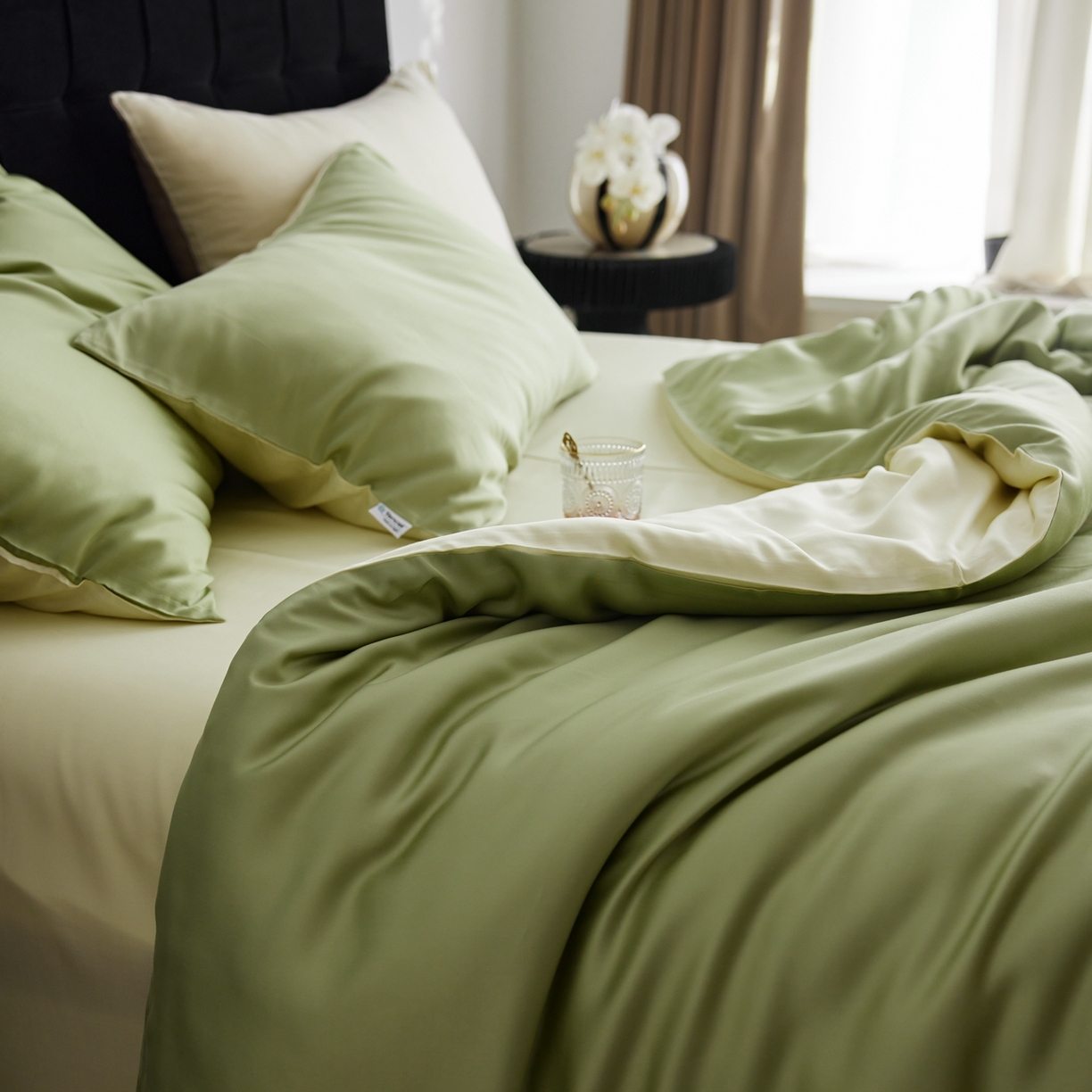 91家纺网 家纺一手货源 找家纺 玉宇阁家居 2026春夏60s兰精天丝拼色四件套 茉莉奶绿