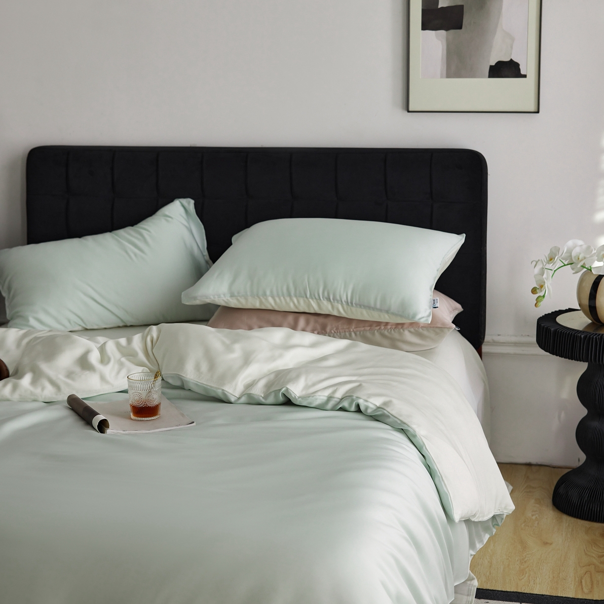 91家纺网 家纺一手货源 找家纺 玉宇阁家居 2026春夏60s兰精天丝拼色四件套 水波柔光