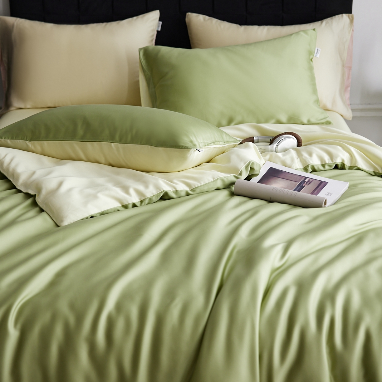 91家纺网 家纺一手货源 找家纺 玉宇阁家居 2026春夏60s兰精天丝拼色四件套 茉莉奶绿