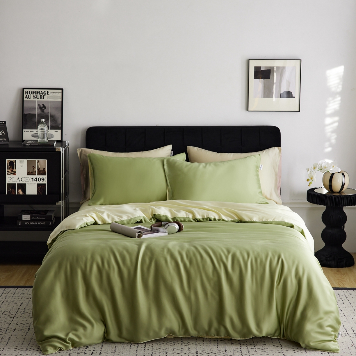 91家纺网 家纺一手货源 找家纺 玉宇阁家居 2026春夏60s兰精天丝拼色四件套 茉莉奶绿