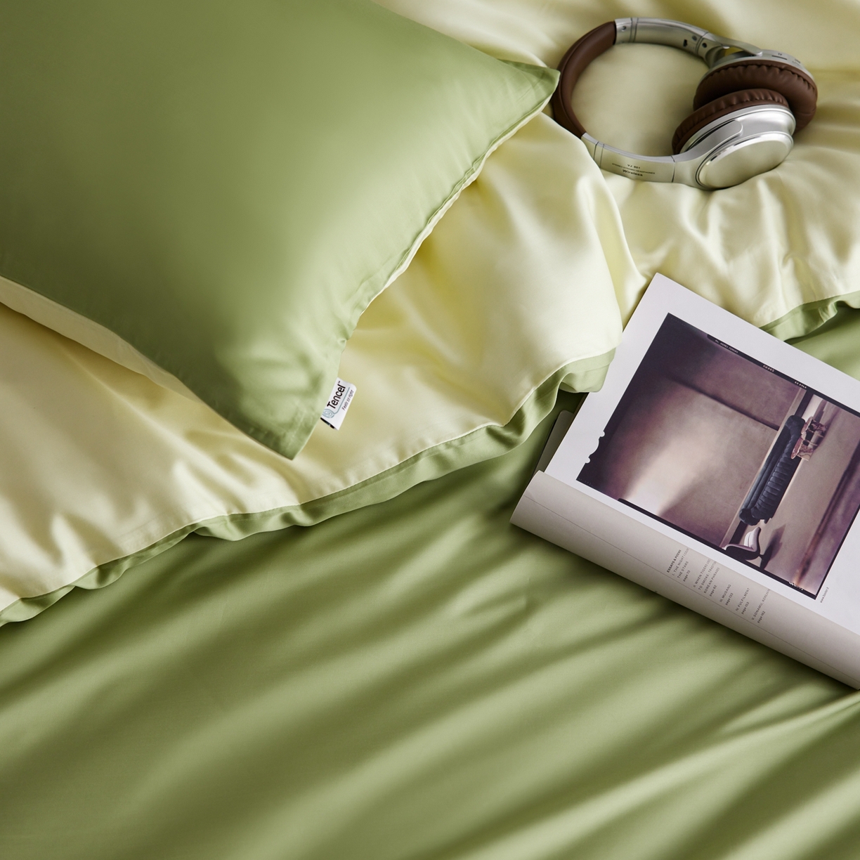 91家纺网 家纺一手货源 找家纺 玉宇阁家居 2026春夏60s兰精天丝拼色四件套 茉莉奶绿