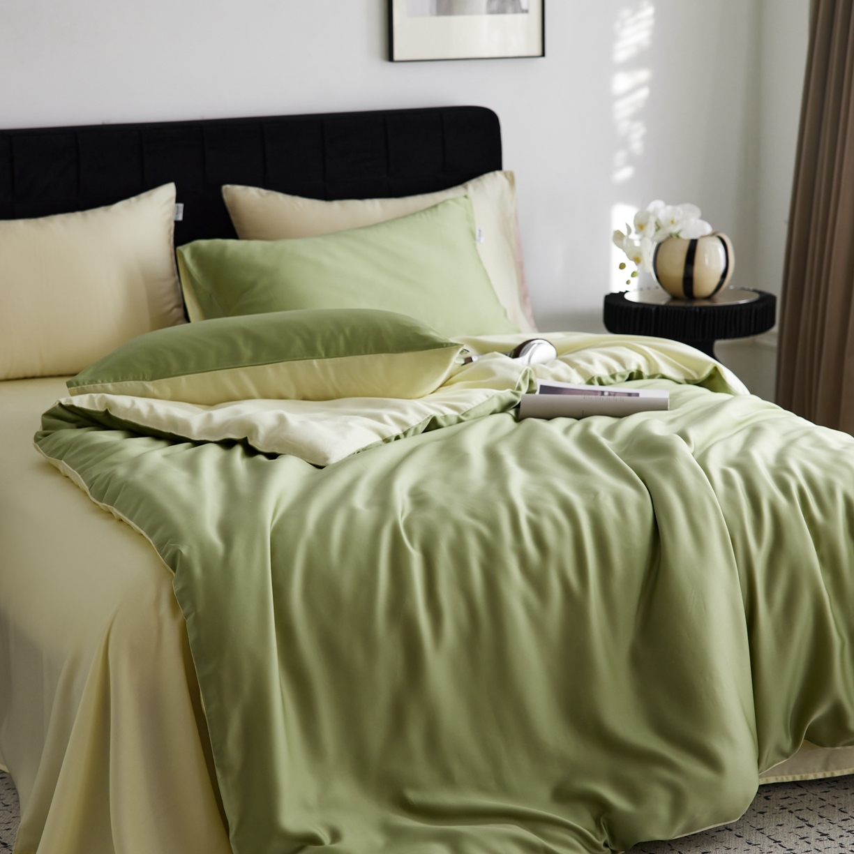 91家纺网 家纺一手货源 找家纺 玉宇阁家居 2026春夏60s兰精天丝拼色四件套 茉莉奶绿