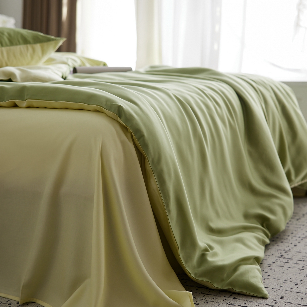 91家纺网 家纺一手货源 找家纺 玉宇阁家居 2026春夏60s兰精天丝拼色四件套 茉莉奶绿