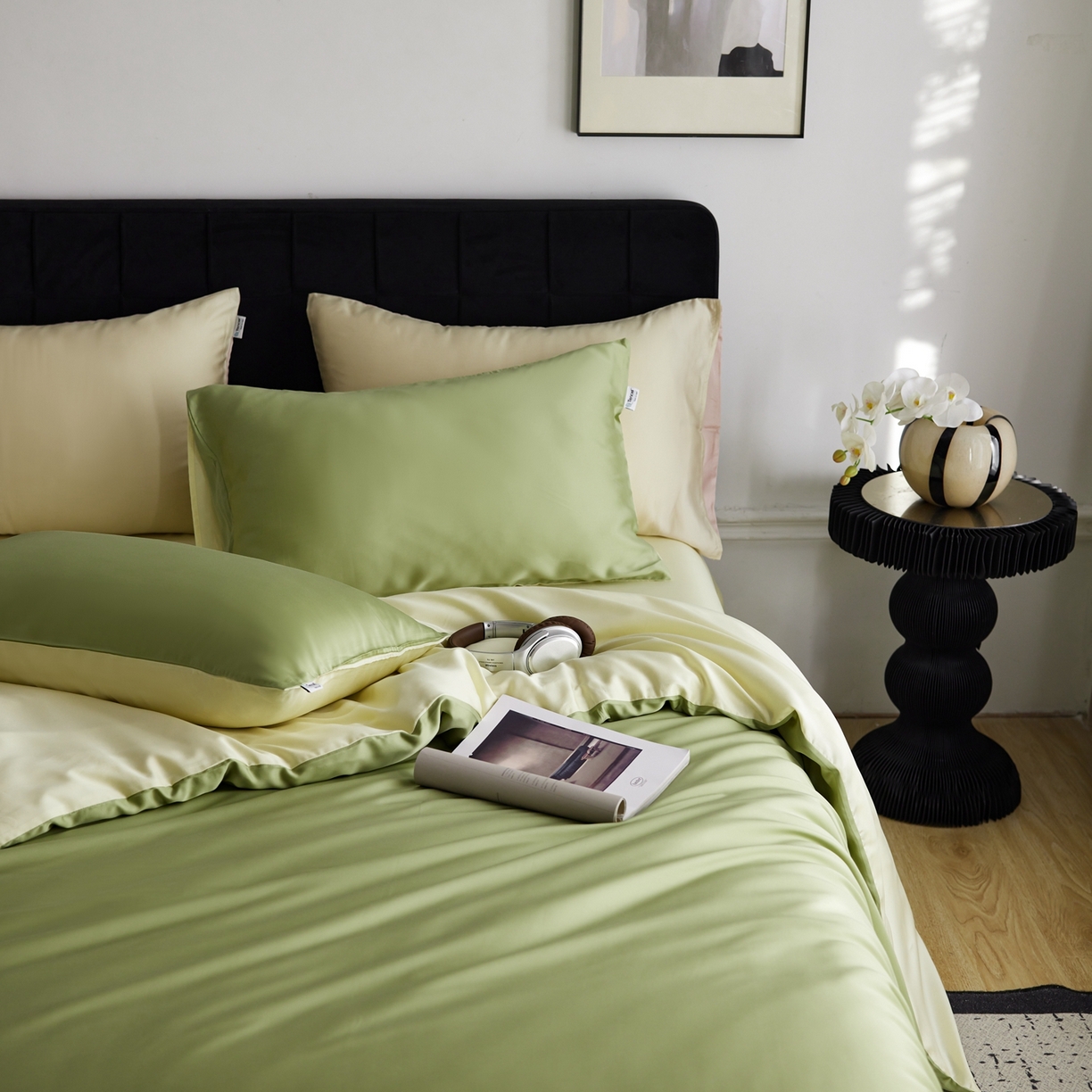 91家纺网 家纺一手货源 找家纺 玉宇阁家居 2026春夏60s兰精天丝拼色四件套 茉莉奶绿