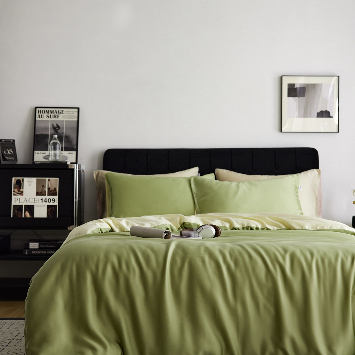 91家纺网 家纺一手货源 找家纺 玉宇阁家居 2026春夏60s兰精天丝拼色四件套 茉莉奶绿