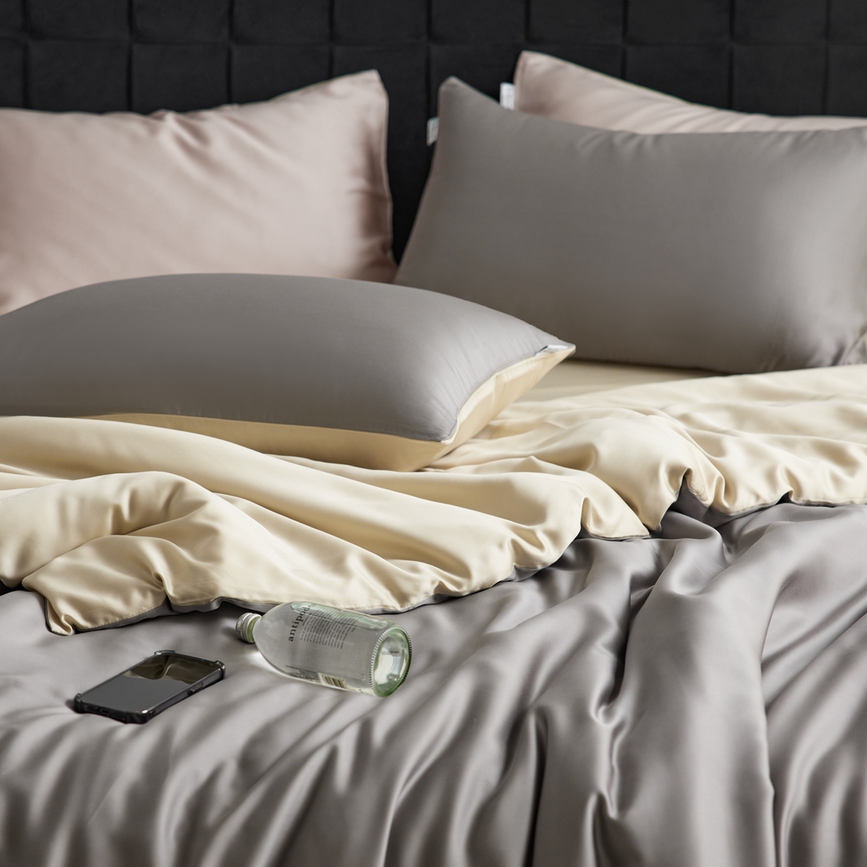 91家纺网 家纺一手货源 找家纺 玉宇阁家居 2026春夏60s兰精天丝拼色四件套 都市灰香槟